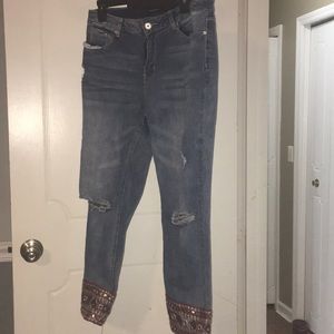 Bedazzled, distressed, cropped jeans